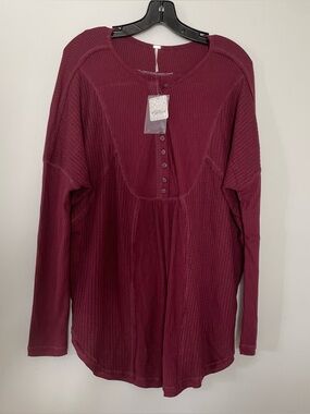 Free People Burgundy Waffle Knit Henley Tunic Top Medium Boho Cottagecore NWT